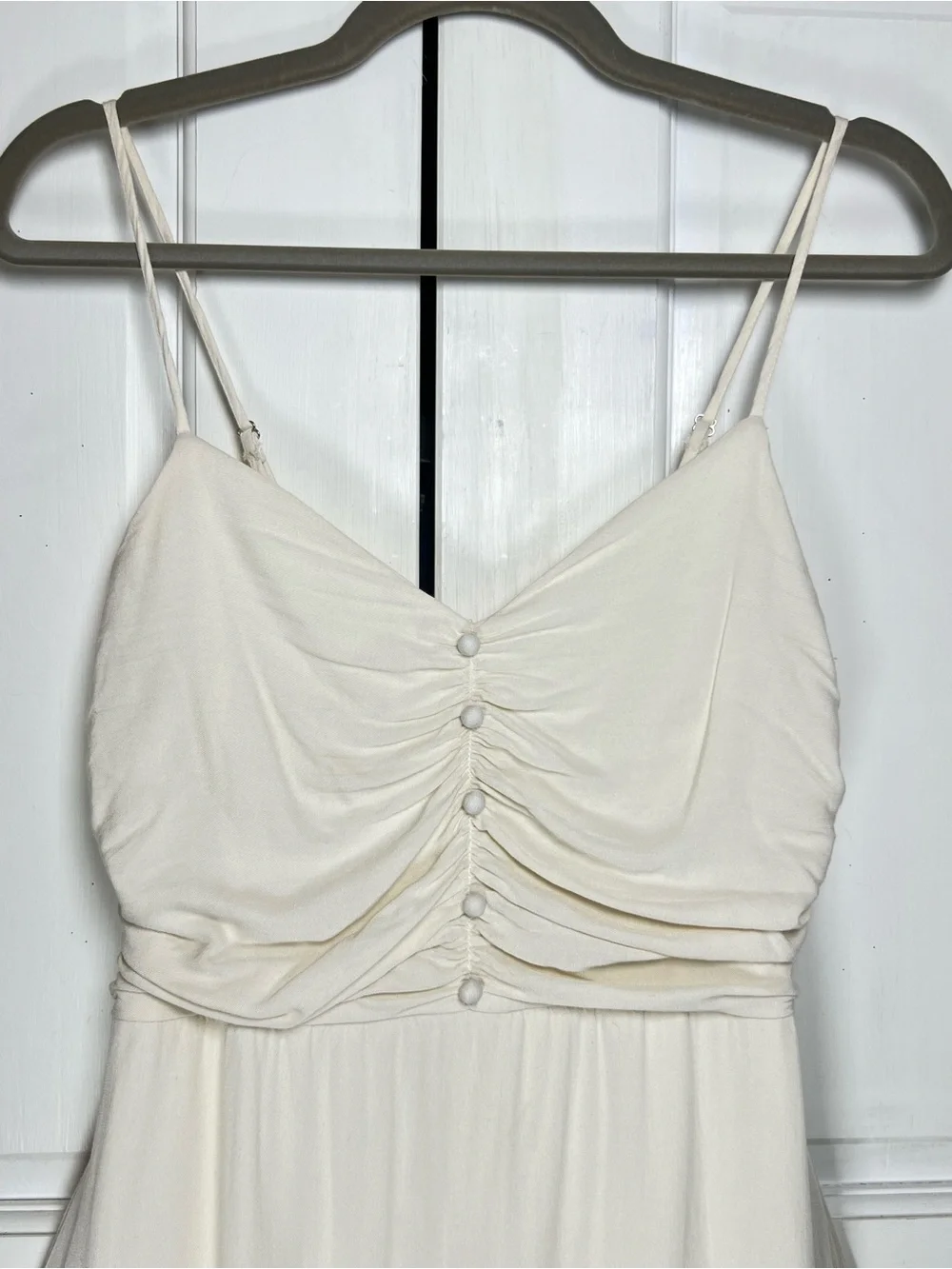 May Berries Midi Dress Ivory Spaghetti-Strap Smocked Back Lined Pockets Sz M